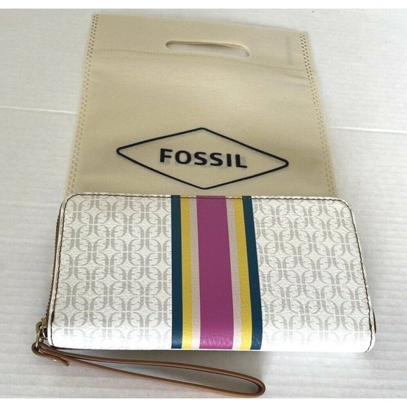 New Fossil Jori zip clutch wristlet RFID wallet Pink Stripe - Picture 3 of 6